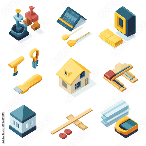 Isometric Tools and House Components Illustration, Construction Set