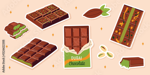 Dubai chocolate stickers, set of chocolate bars, cocoa candy, handmade Dubai chocolate, luxury confectionery collection. Flat vector illustration isolated on beige background.