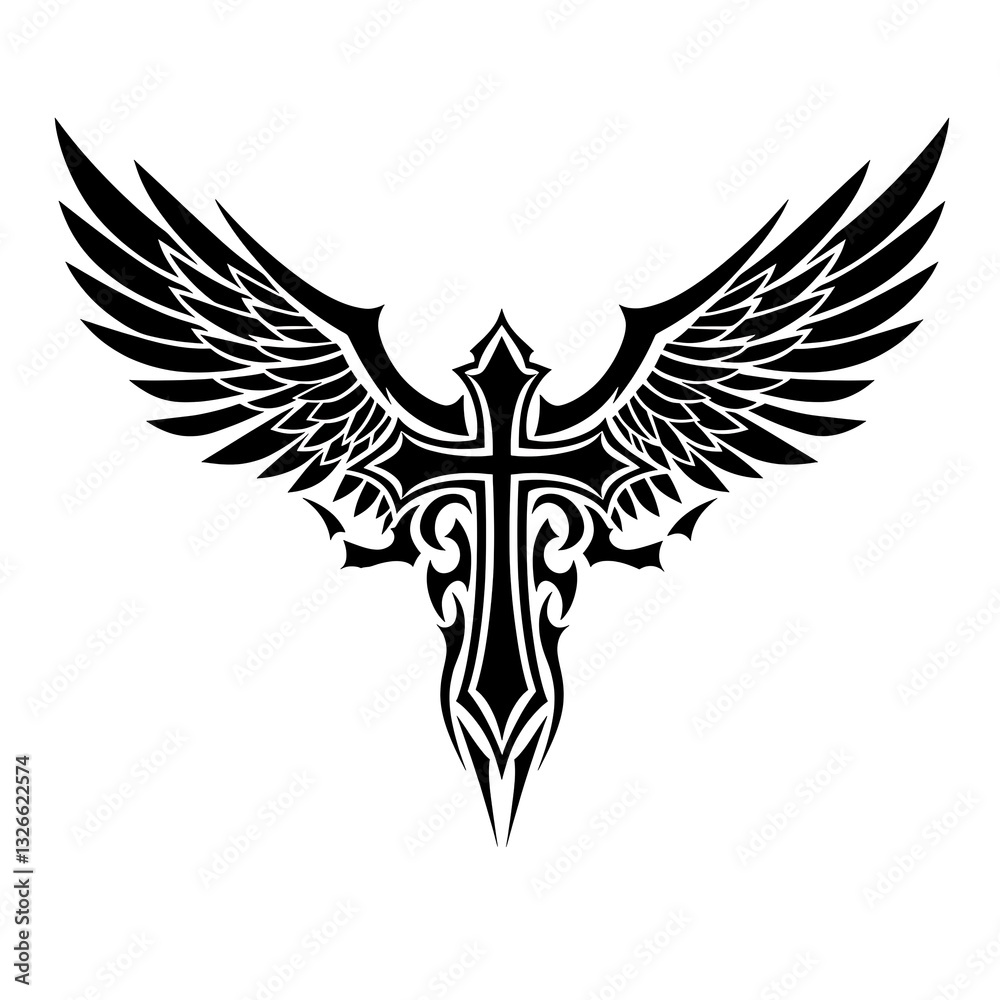 Fototapeta premium Tribal Cross with Wings: A Bold Black and White Tattoo Design