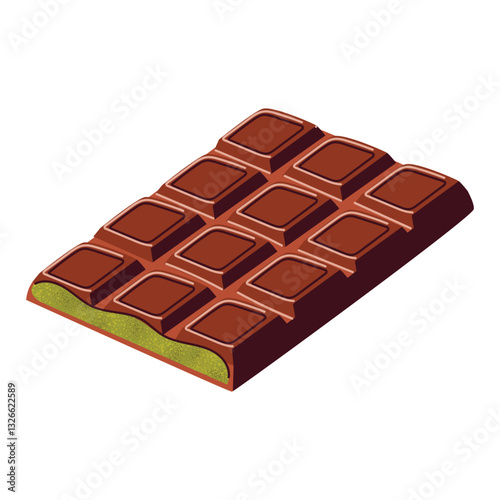 Dubai chocolate bar with pistachio filling, luxury gourmet dessert, premium cocoa treat, handmade chocolate. Flat vector illustration isolated on white background.