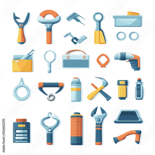Assortment of Tools and Accessories on White Background, Flat Lay Design