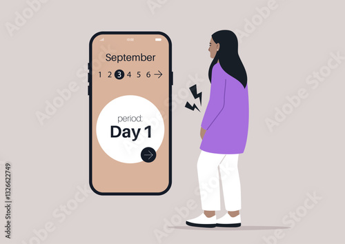 A woman experiences period cramps on the first day of her cycle as she checks her smartphone calendar, highlighting the discomfort and awareness of monthly cycles