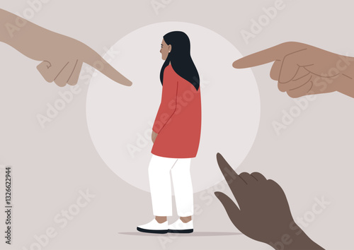 A solitary slouching figure stands in a red jacket while five hands point fingers in their directions, evoking feelings of disapproval and unease in a minimalist backdrop