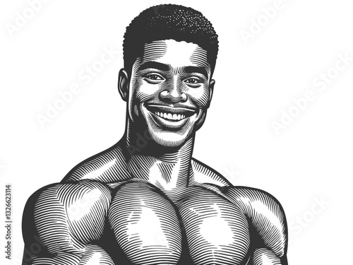 smiling, muscular man with a confident expression, symbolizing strength, positivity, fitness, and motivation sketch engraving generative ai vector illustration. Scratch board. Black and white image.