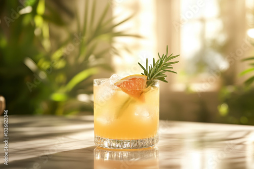 A cocktail with a colorful garnish on a bar counter.