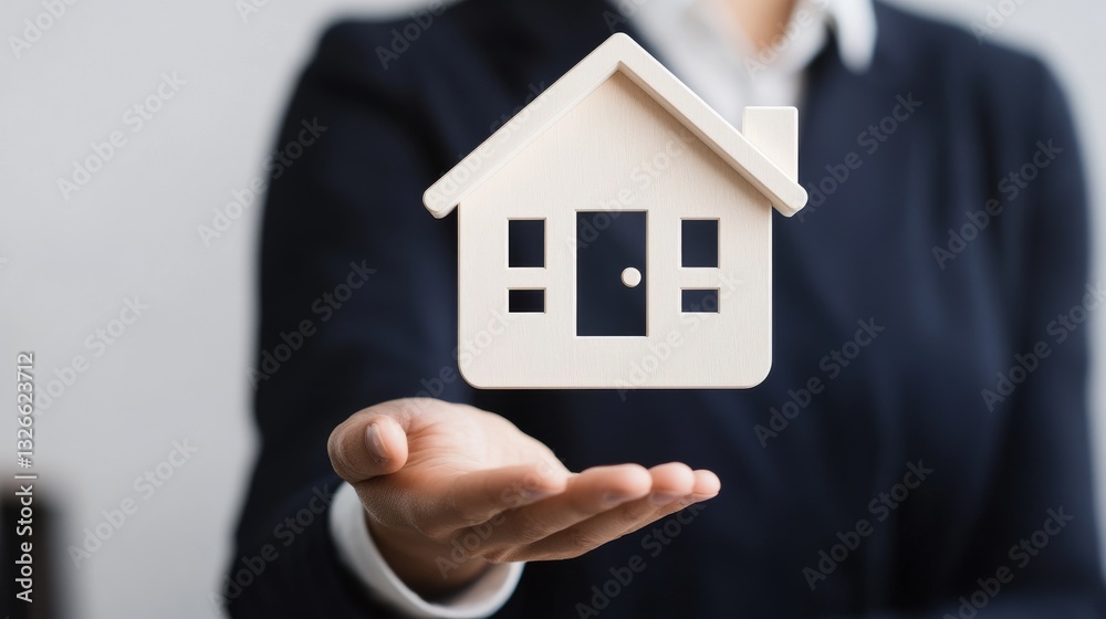 A confident real estate agent holding a floating house icon in an office A confident real estate agent holding a floating house icon in an office
