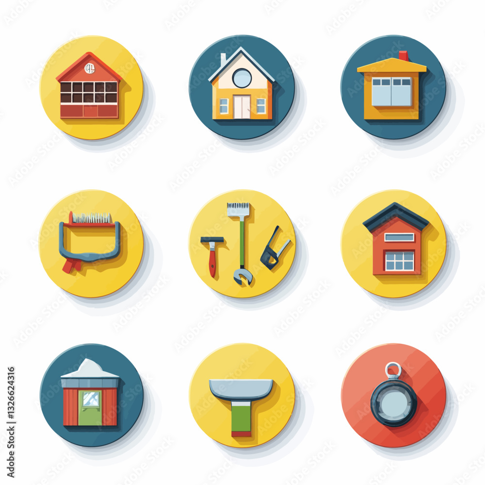 House icons and tools on colorful circles, building and home concept design House icons and tools on colorful circles, building and home concept design