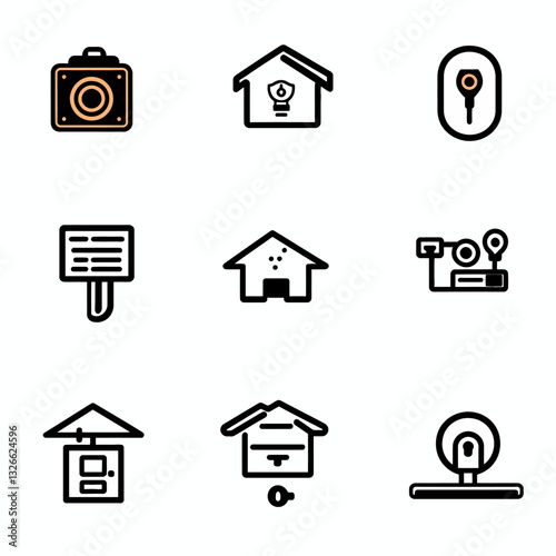 Home security icons, security camera, key, house sign, graphic elements
