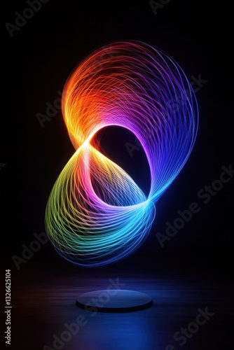 A vivid, swirling design of colorful light forms an abstract infinity symbol against a dark background.