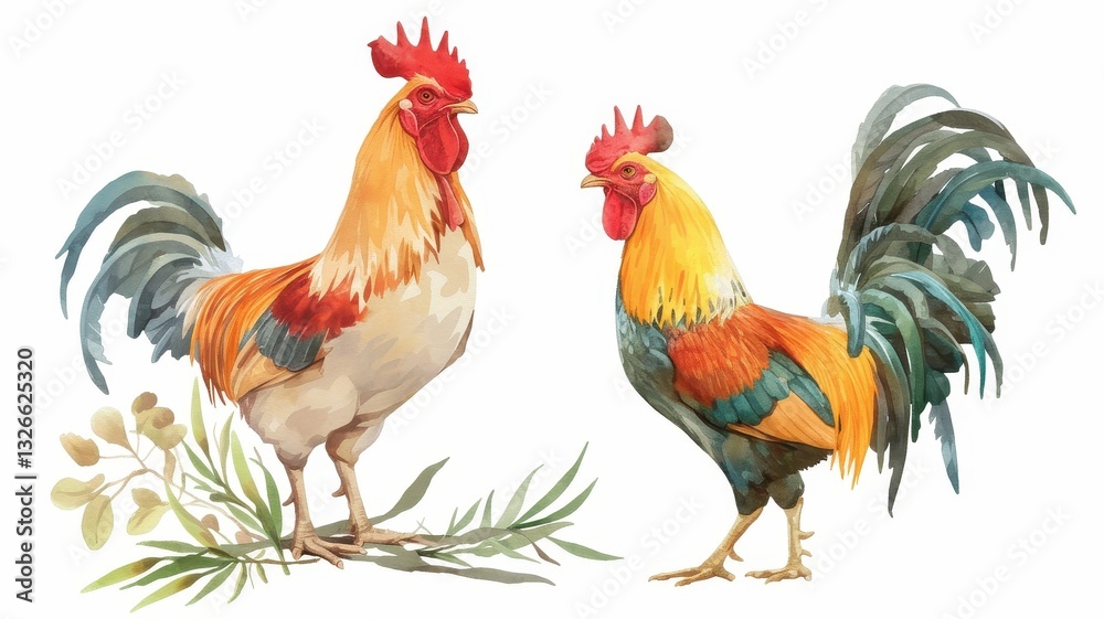 Fototapeta premium Watercolor Painting of Two Roosters Farm Animals Colorful Poultry Detailed Illustration