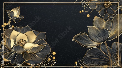 Elegant Floral Design with Gold Lines on Black Background