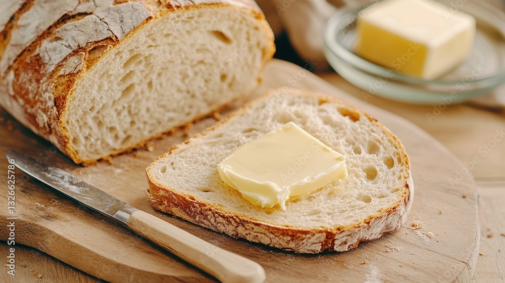 Rustic slice of fresh bread with a piece of butter on top, placed on a wooden cutting board. Butter dish is visible in the background. Warm natural, cozy home atmosphere Rustic slice of fresh bread with a piece of butter on top, placed on a wooden cutting board. Butter dish is visible in the background. Warm natural, cozy home atmosphere