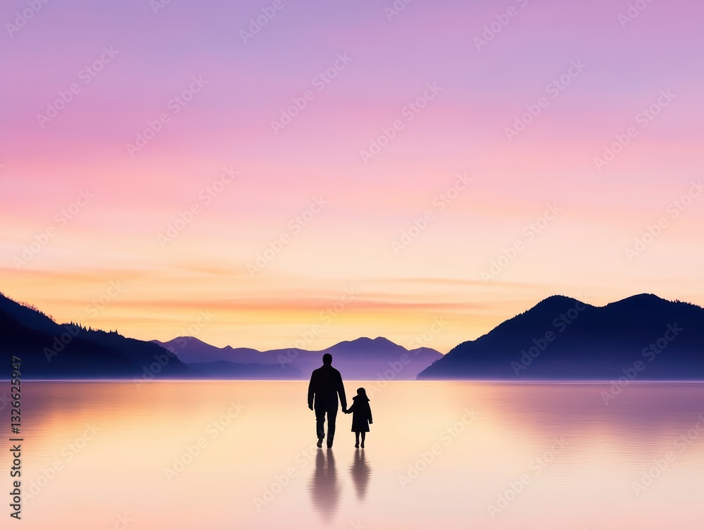 Fototapeta premium Silhouette of a parent and child walking hand in hand at sunset by a tranquil lake