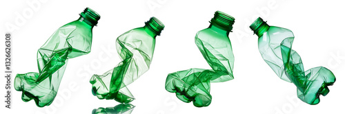 Crushed green plastic bottles showcasing recycling and waste management practices.