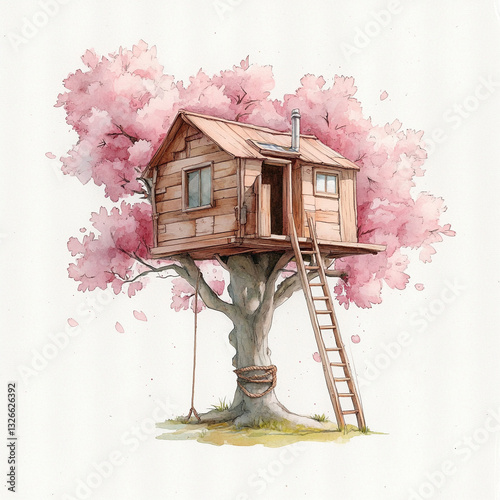 Watercolor treehouse in cherry blossom tree