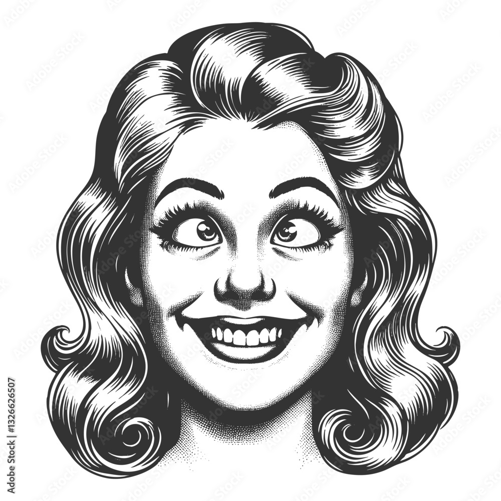 cheerful woman with crossed eyes, retro curls and playful, exaggerated smile, exuding charm sketch engraving generative ai fictional character vector illustration. Scratch board. Black and white image cheerful woman with crossed eyes, retro curls and playful, exaggerated smile, exuding charm sketch engraving generative ai fictional character vector illustration. Scratch board. Black and white image