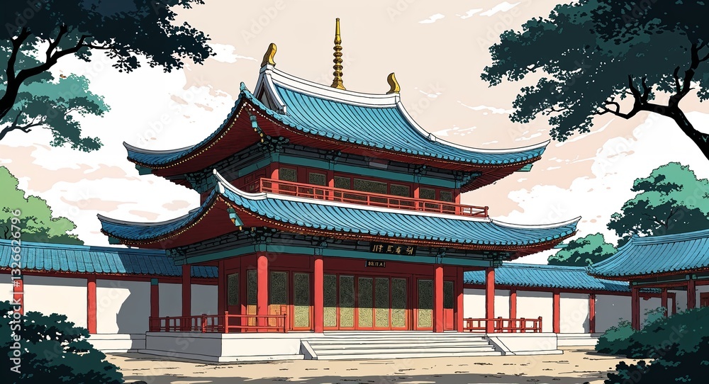 Asian temple with curved roofs building design on manga design illustration background Asian temple with curved roofs building design on manga design illustration background