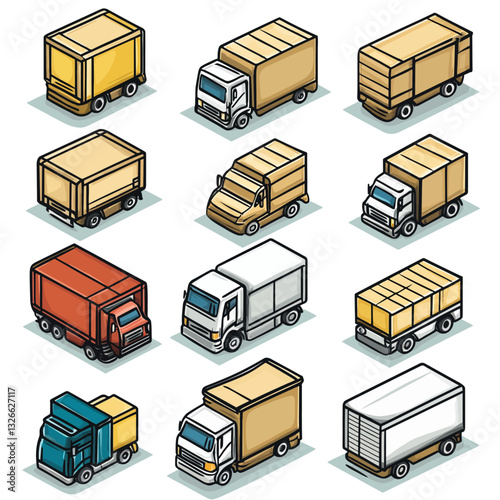 Isometric Truck Fleet Icon Set, Cargo and Delivery Vehicles in Vector