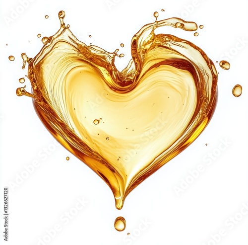 Heart Shaped Liquid Splash of Golden Oil Isolated on White Background