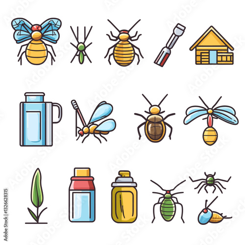 Vector set of colorful bugs, pest control tools, and house icon