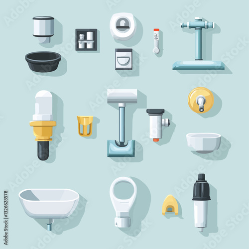 Bathroom fixtures and plumbing equipment illustration on a blue background