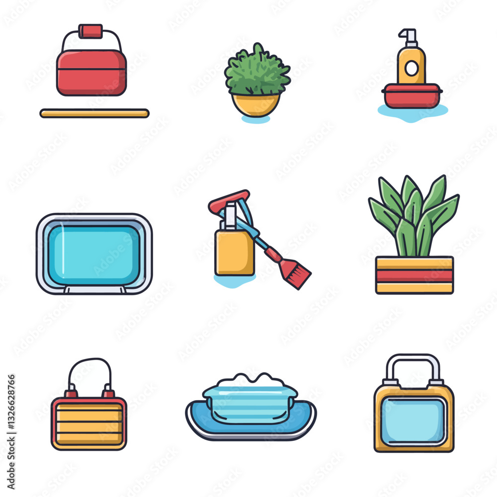 Vector Illustrations of Home Items, Cleaning Supplies, Plant, and Gadget Icons