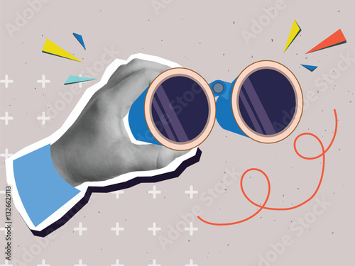 Black and white hand holding a binoculars. Vector illustration in a modern collage style