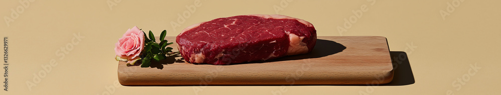 Fototapeta premium Savory Steak: A raw, succulent steak rests on a wooden cutting board, a delicate pink flower and sprig of herbs alongside it, offering a visual feast and a promise of a delicious culinary experience.