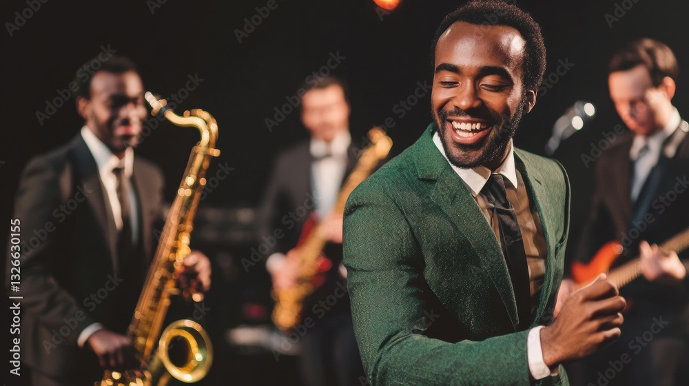 Fototapeta premium Joyful Man in Tailored Green Suit Dancing with Musicians on Stage Under Vibrant Lights