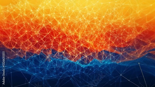 Abstract Digital Network with Blue and Orange Gradient, Interconnected Nodes, and Geometric Polygonal Mesh Structure