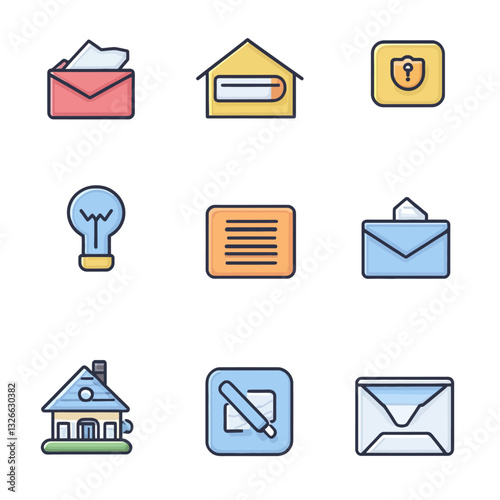 Vector Icons: Mail, Home, Idea, Security, Note, and Edit Symbols.