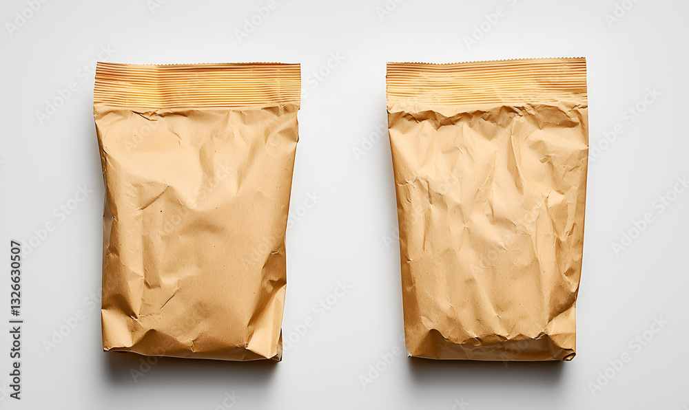 Two crumpled brown paper bags are positioned side by side on a plain surface, showcasing their textured appearance and simple design. Two crumpled brown paper bags are positioned side by side on a plain surface, showcasing their textured appearance and simple design.