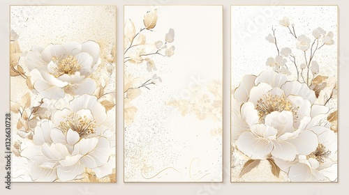 Elegant Floral Triptych Artwork with Soft White and Gold Palette