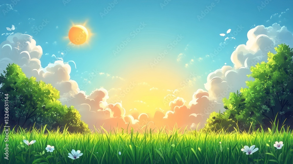 Obraz premium Idyllic sunrise over lush green field with fluffy clouds and trees.