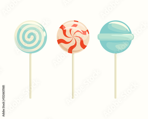 Set of Colorful Lollipops on Sticks – Spiral, Swirl, and Classic Glossy Candy Illustration