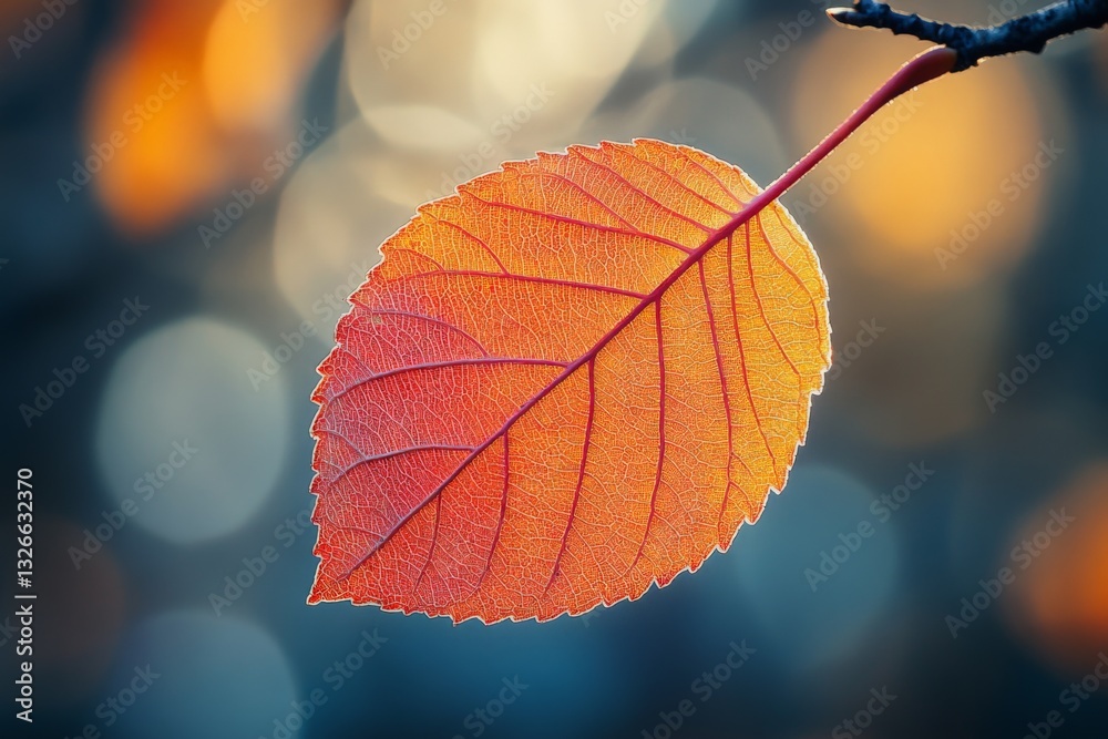 Obraz premium Vibrant autumn leaf illuminated against a blurred background of fall colors