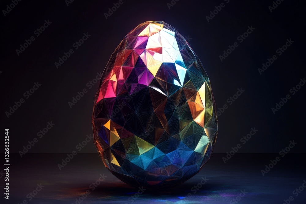 Vibrant geometric egg design illuminated with colorful reflections against a dark background Vibrant geometric egg design illuminated with colorful reflections against a dark background