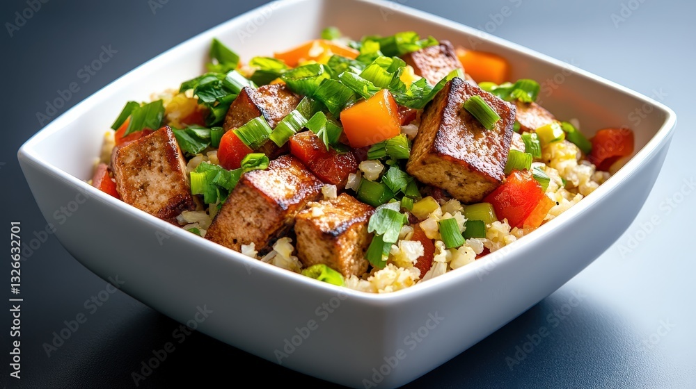 A vibrant bowl of tofu and vegetable couscous, garnished with fresh herbs, showcasing a healthy and colorful meal. A vibrant bowl of tofu and vegetable couscous, garnished with fresh herbs, showcasing a healthy and colorful meal.