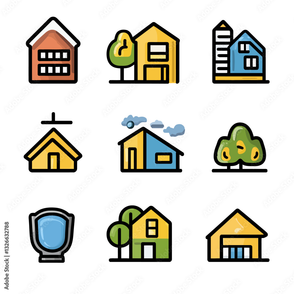 Colorful Flat Icon Set of Houses and Buildings with Trees and Shield