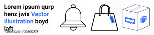 Notification bell, shopping bag with a tag, and delivery box with shop label. Ideal for e-commerce, retail, shopping, marketing, notifications delivery digital commerce. Modern flat landing page