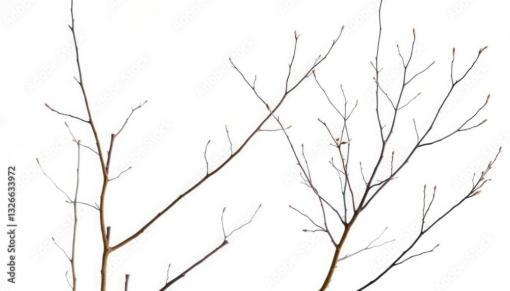 Fototapeta premium Delicate, bare branches isolated against a pure white backdrop, detail, line