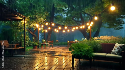 Cozy Garden Patio at Night with Warm String Lights in the Rain