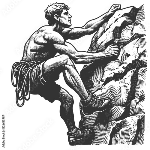 muscular man alpinist rock climbing on a steep cliff, gripping rugged rocks with determination and strength sketch engraving generative ai vector illustration. Scratch board. Black and white image.