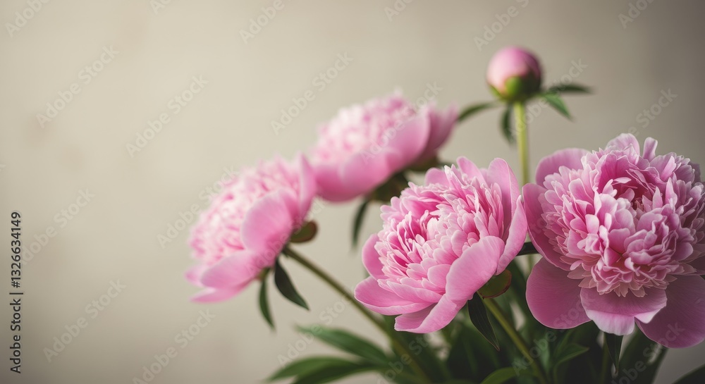 Pink Peonies on Soft Beige Background - Elegant pink peonies, serene beauty, soft floral arrangement, delicate petals, springtime bloom. Symbolizing: love, beauty, grace, purity, femininity Pink Peonies on Soft Beige Background - Elegant pink peonies, serene beauty, soft floral arrangement, delicate petals, springtime bloom. Symbolizing: love, beauty, grace, purity, femininity