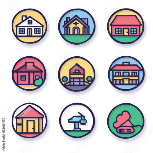 Colorful house icons, illustrations of buildings, real estate and property