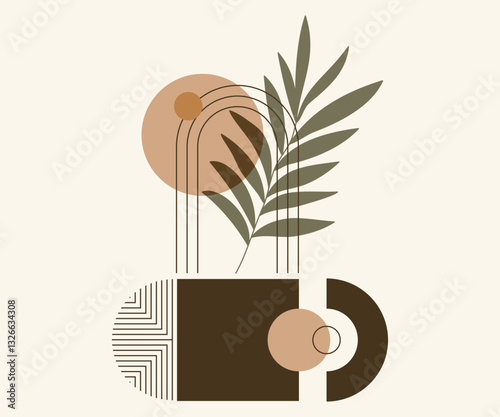 Estetyczna nowoczesna kompozycja z abstrakcyjnym elementem botanicznym, geometrycznymi kształtami. Ilustracja wektorowa do wykorzystania dla sztuki ściennej, tapet, dekoracji, wystroju wnętrz.