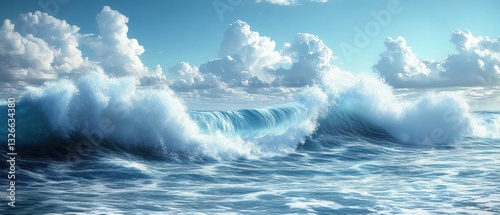 Vibrant Ocean Waves Under Bright Sky with Intricate Clouds