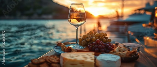 Romantic Sunset Yacht Scene with White Wine and Charcuterie Board by the Beach