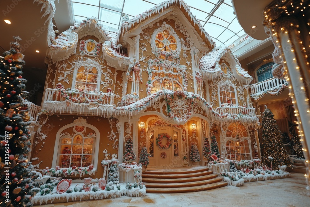 Obraz premium Elaborate gingerbread house decorated with festive ornaments inside a spacious hall during the holiday season