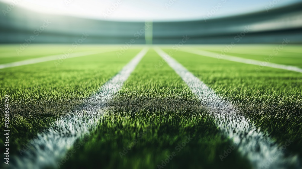 Obraz premium Dynamic view of an american football field showing green grass and blurred white markings during an exciting moment of play